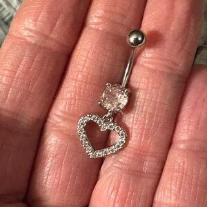 Belly Ring- Pink Copper silver tone Heart Shaped Zircons dangling  Belly Ring